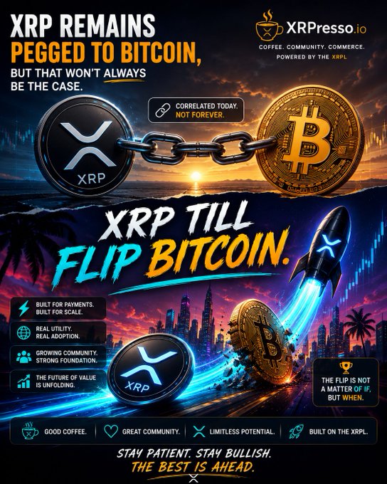 A vibrant promotional poster from XRPresso.io featuring the text "XRP REMAINS PEGGED TO BITCOIN, BUT THAT WON'T ALWAYS BE THE CASE" and "XRP TILL FLIP BITCOIN," depicting an XRP rocket launching past a Bitcoin coin with chain imagery, directly illustrating the post's bullish prediction that XRP will eventually surpass Bitcoin.