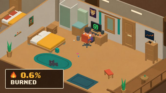 A pixel-art room shows a character sitting at a computer with a small flame near a desk, and a "0.6% BURNED" counter with text "BURNED" appears in the bottom corner. The image humorously visualizes the slang "broke" as literally burning 0.6% of the room while the person wastes time gaming instead of making breakfast.