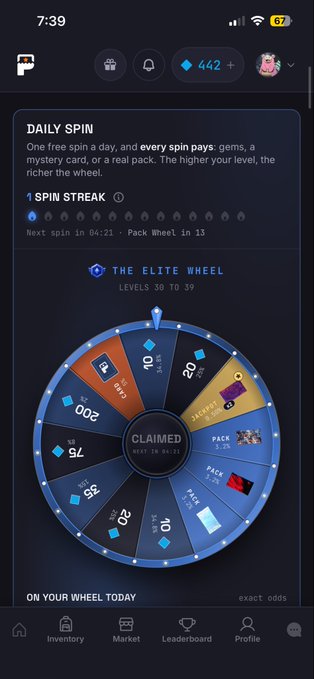 A mobile screenshot of a "DAILY SPIN" feature on an app, showing a prize wheel labeled "THE ELITE WHEEL" with various gem and pack rewards, marked with "CLAIMED."