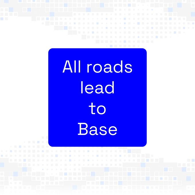 A bright blue square icon displays the phrase "All roads lead to Base" in white text, echoing the post's message. The image reinforces the post's theme by visually representing Base as a central destination.