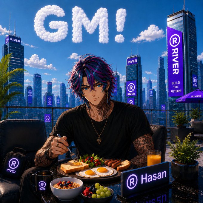 An anime-style illustration shows a character with purple and blue hair eating breakfast at a rooftop table against a futuristic city skyline, with 'GM!' spelled out in cloud letters and 'RIVER' branding, 'BUILD THE FUTURE,' and a nameplate reading 'Hasan' throughout the scene.