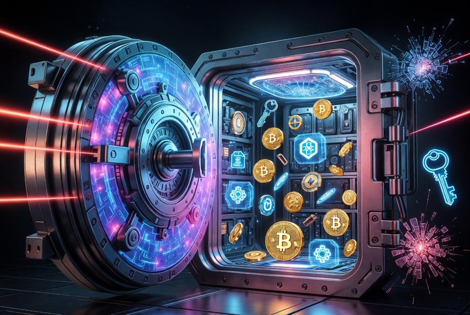The image features an open safe with various coins inside, including Bitcoin, which are digital tokens used for online transactions. The safe has a futuristic design with blue and purple colors, giving it a cool and modern appearance. The coins inside the safe appear to be valuable and unique, possibly representing different cryptocurrencies or digital assets. The post-quantum signature is required to move these digital assets within the safe, making them resistant to attacks that could compromise their security in the future.