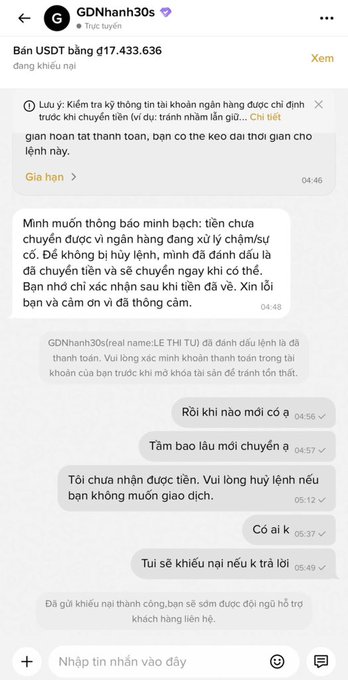 A Vietnamese chat screenshot shows user "GDNhanh30s" messaging a P2P trader about a 417,433,636 USDT buy order, complaining that their funds haven't been transferred while the bank investigates the transaction, with the trader requesting proof of payment. This relates to the post's frustration about P2P trading complications, as the image illustrates the exact kind of stuck transaction scenario being mocked.