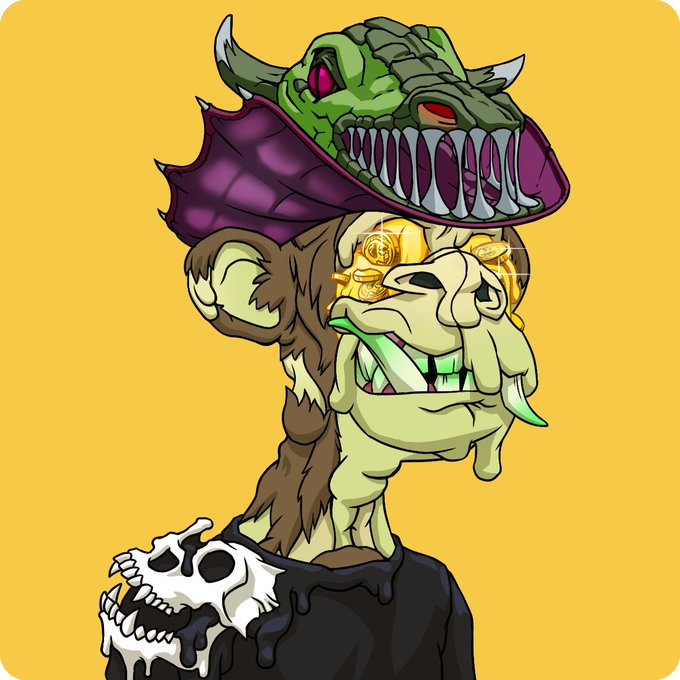 A cartoon illustration of a grotesque troll-like creature with sharp teeth, wearing a green dragon hat and dripping black liquid, with gold coins spilling from its head.