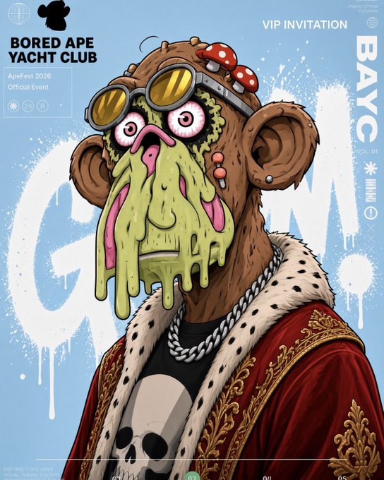 A Bored Ape Yacht Club NFT artwork styled as a VIP invitation features an ape wearing a royal red robe with fur trim, gold chains, and aviator goggles.