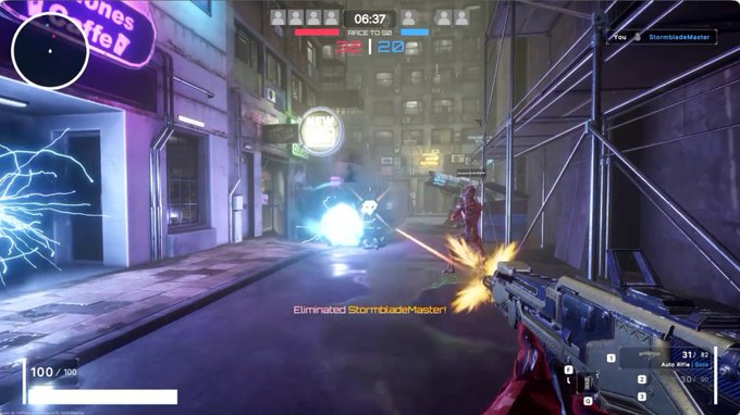 First-person shooter gameplay screenshot showing a player eliminating 'StormbladeMaster' in an urban environment, with a timer at 06:37 and 100/100 health displayed.