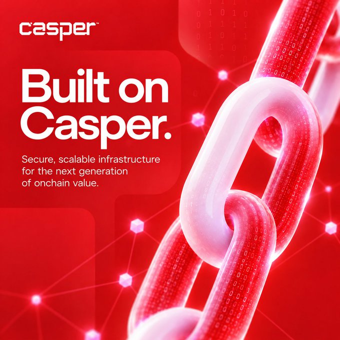 Casper's "Built on Casper" campaign graphic featuring a stylized chain link with binary code patterns on a red background, promoting their secure, scalable infrastructure for onchain value—directly tied to the article about building accountability and authorization frameworks into AI agent payments on the Casper blockchain.