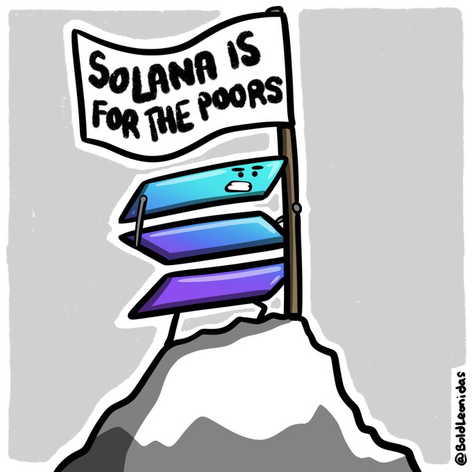 A cartoon illustration shows a stylized, anthropomorphized version of the Solana logo (the gradient blue-to-purple stacked parallelogram shape) with a worried facial expression, climbing atop a snowy mountain peak beneath a flag reading "SOLANA IS FOR THE POORS," signed by the artist Baldeonidas. The image humorously depicts the Solana cryptocurrency as having "reached the summit" of the "for the poors" mountain, visualizing the meme's claim.