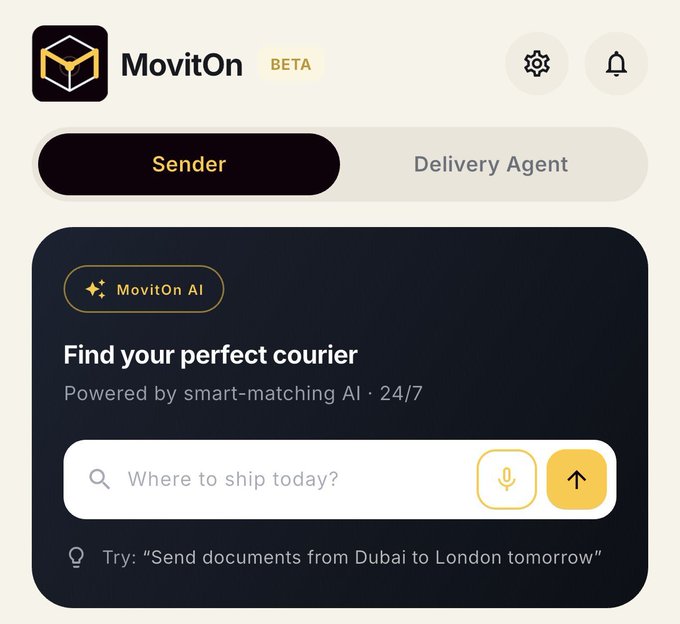 Mobile app interface screenshot for 'MovitOn BETA', showing a 'Sender' tab with the prompt 'Find your perfect courier' and a search bar asking 'Where to ship today?' alongside a suggestion to 'Send documents from Dubai to London tomorrow'.