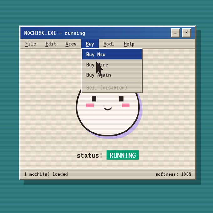A retro computer window titled 'MOCHI96.EXE - running' displays a cute round mochi character with a 'Buy' menu open showing options like 'Buy Now' and 'Buy More', with the 'Sell' option disabled and status showing 'RUNNING'.