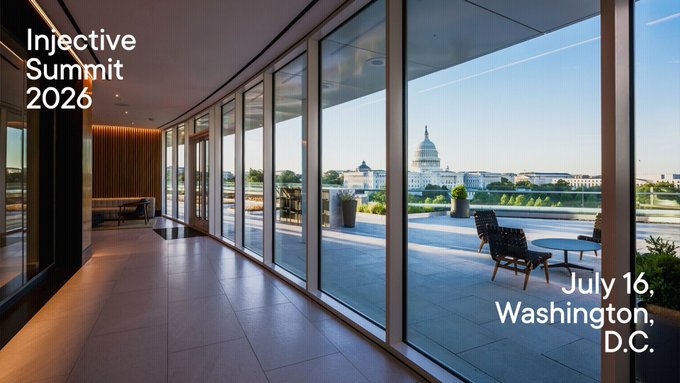 The image shows a large glass wall with a view of the Washington D.C. Capitol building, which is located just outside the frame. The caption reads "DeFi just walked into the Capitol. Literally ➢ @injective SUMMIT 2026 IS HAPPENING. July 16, ️ ˡ️ @injective SUMMIT ️". This statement suggests that DeFi has recently entered the Capitol building and is now taking place in Washington D.C., as indicated by the caption.