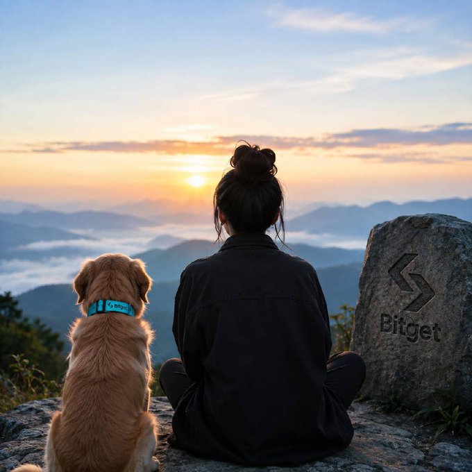 A woman with a dog sitting on a mountain at sunset, with a 'Bitget' logo stone nearby.
