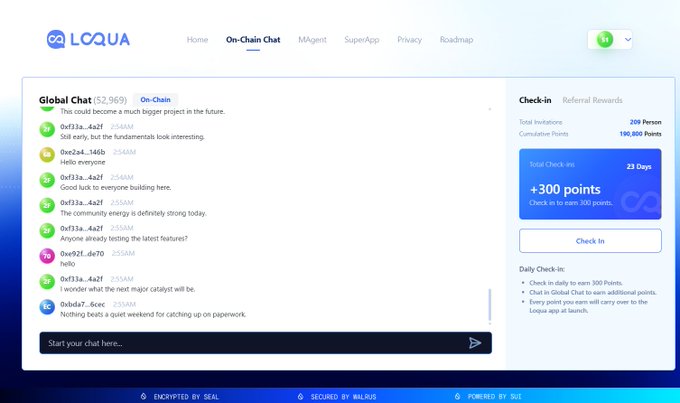 A screenshot of the LOQUA website's "On-Chain Chat" page, showing a Global Chat with 52,969 participants, user messages, and a Check-in panel offering 300 points for 23 days, promoting the LOQUA project ecosystem and SUI airdrop mentioned in the post.