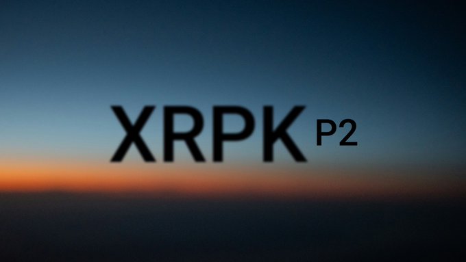 A dark gradient sunset sky with orange and blue hues serves as the backdrop for the bold black text "XRPK P2," visually representing the Phase 2 launch announcement of XRPK's integrated network and tooling platform.