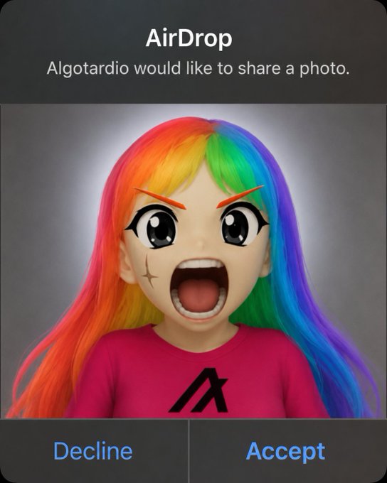 An AirDrop notification from "Algotardio" requesting to share a photo, displaying a 3D cartoon character with rainbow-colored hair and an angry expression wearing a red shirt, with Decline and Accept options below.
