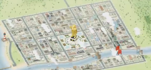 A stylized animated city map is shown from above, with smoke plumes and two brightly colored humanoid figures facing each other near the waterfront.