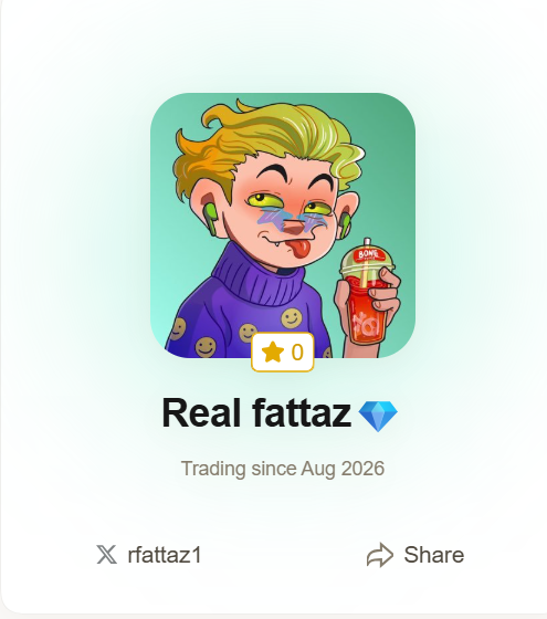 A profile card for 'Real fattaz' featuring a cartoon avatar of a person holding a drink, with the text 'Trading since Aug 2026' and handle 'rfattaz1'.