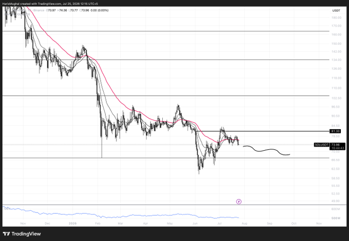 A TradingView chart showing HamsterKnight created with TradingView.com displaying a downward price trend on Binance US:T/USDT, with the current price at 73.96 and various technical indicators visible.