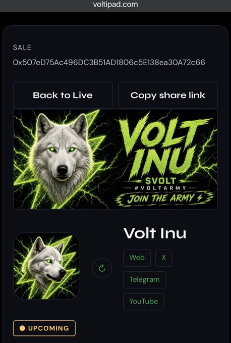 A mobile screenshot from voltipad.com displays an asset called 'Volt Inu' ($VOLT) featuring a wolf head logo with green glowing energy, marked as 'UPCOMING'.