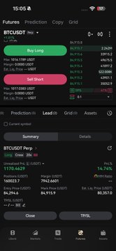 A cryptocurrency trading app interface showing the BTCUSDT perpetual futures market with 'Buy Long' and 'Sell Short' options, displaying a current price of 84,915.8 and a summary section at the bottom.