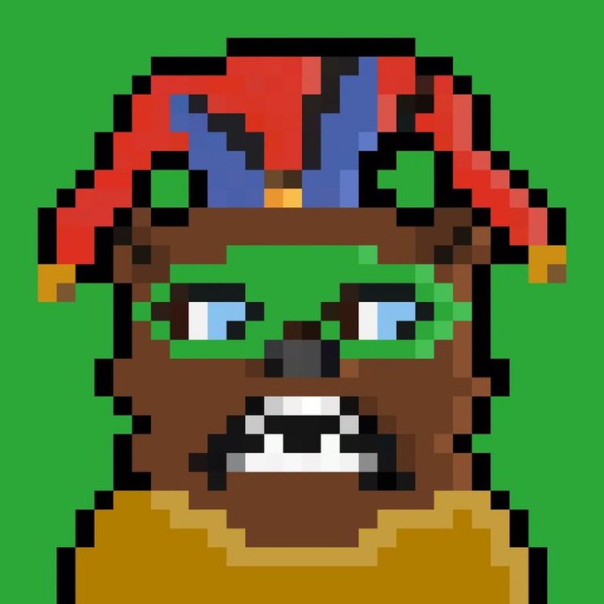 A pixel art portrait of a character with brown skin, blue eyes, and a red and blue jester-style hat against a bright green background.