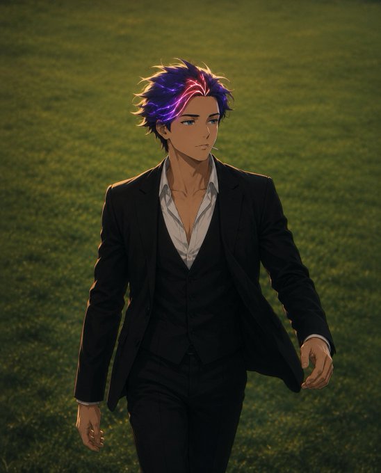 An anime-style illustration of a man in a black suit walking on grass, with distinctive purple and pink hair.