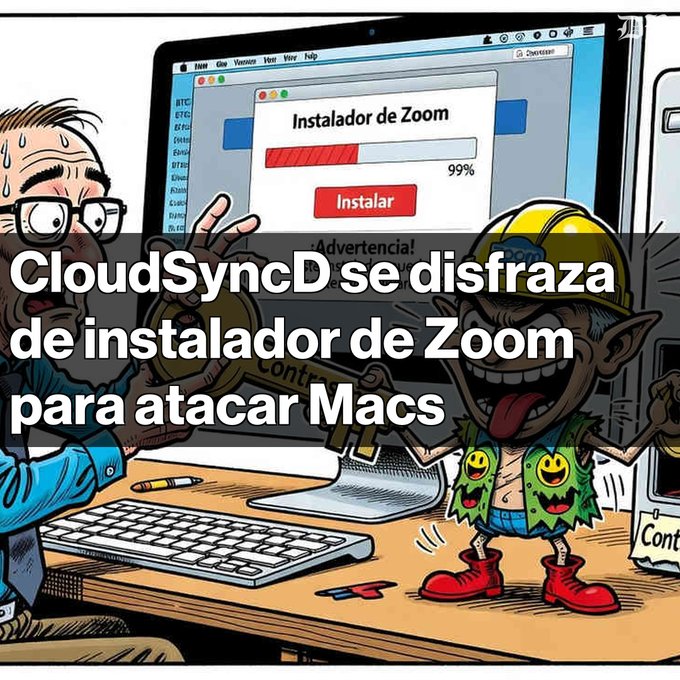 A panicked cartoon user watches a fake "Instalador de Zoom" progress bar on a Mac screen while a grinning goblin-like character sneaks onto the desktop with a key, illustrating the CloudSyncD malware disguised as a Zoom installer that attacks macOS systems.

The Spanish text overlay reads: "CloudSyncD se disfraza de instalador de Zoom para atacar Macs" (CloudSyncD disguises itself as a Zoom installer to attack Macs), directly tying into the post's warning about fake Zoom installers activating malware on macOS devices to gain elevated privileges.