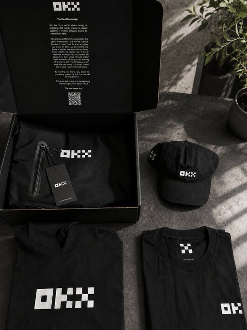 A sleek OKX branded merchandise box is displayed alongside a black cap, hoodies, and t-shirts featuring the "OKX" logo, with a printed insert explaining "The Zero-Mirror-Skin" concept and a QR code. The image ties to the post by showcasing OKX's branded apparel in the context of their "OKX Outcomes" football prediction campaign tied to the Premier League kickoff.