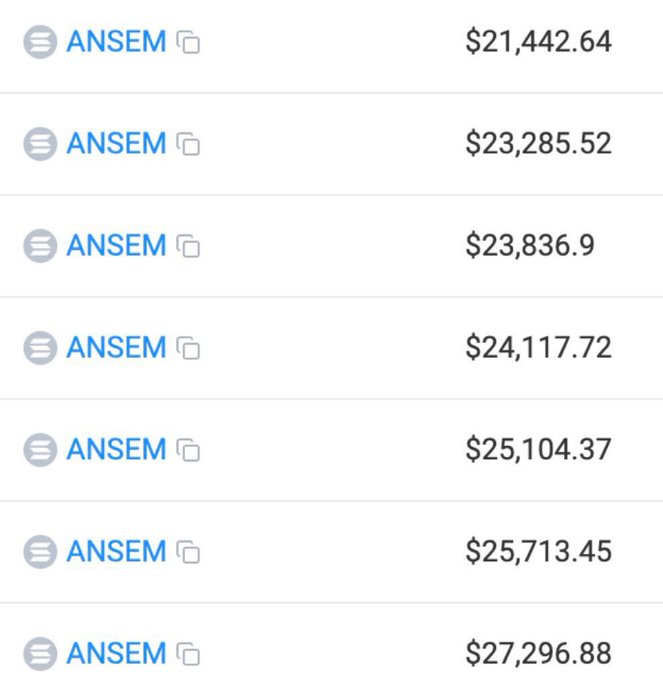 A list of entries labeled "ANSEM" (Solana-based memecoin) with ascending prices ranging from $21,442.64 to $27,296.88, each with a copy icon.