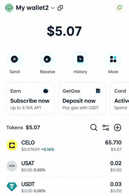 A crypto wallet screenshot displaying a balance of $5.07, featuring tokens CELO (65.710 tokens, $5.07), USAT (0.02), and USDT (0.03), illustrating the $5 USAT reward from the Self App identity verification process mentioned in the guide.