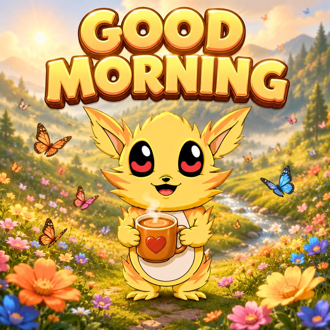 A bright, cheerful digital illustration featuring a cute yellow cartoon creature holding a steaming coffee mug with a heart on it, set against a sunny meadow with butterflies and flowers, with the text 'GOOD MORNING' displayed prominently at the top.