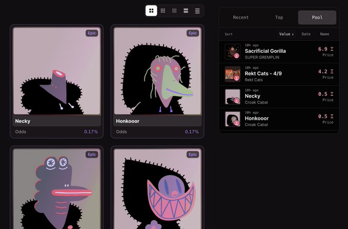 The image shows a dark-themed NFT marketplace interface featuring custom character collection cards labeled "Epic" with names like "Necky" and "Honkoor," each displaying odds of 0.17%. A right-side panel titled "Pool" lists these items with prices in ETH (Ξ), including "Sacrificial Gorilla" at 6.9 Ξ, "Rekt Cats - 4/9" at 4.2 Ξ, "Necky" at 0.5 Ξ, and "Honkoor" at 0.5 Ξ, illustrating the customizable gacha-style pool functionality referenced in the post.