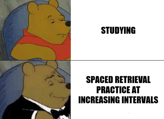A two-panel meme using Winnie the Pooh; the top shows Pooh in his red shirt labeled 'STUDYING' looking unimpressed, while the bottom shows Tuxedo Pooh looking sophisticated labeled 'SPACED RETRIEVAL PRACTICE AT INCREASING INTERVALS'.