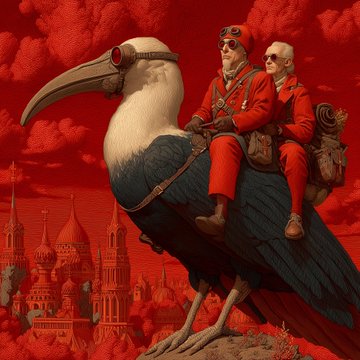A surreal red-toned illustration shows two figures in red military-style uniforms riding a giant bird over a fantasy cityscape.