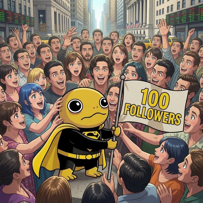 A cartoon turtle mascot dressed as a superhero stands triumphantly in a cheering crowd, holding a banner reading "100 FOLLOWERS," celebrating the milestone reached by the $TURBO Robinhood Chain community as mentioned in the post.