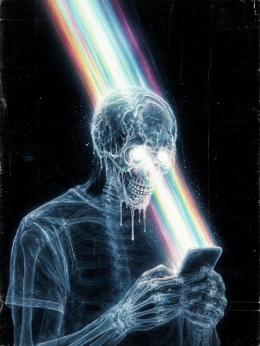 An artistic illustration of a translucent, glowing blue skeleton looking at a smartphone, with a colorful rainbow light beam emanating from the device.