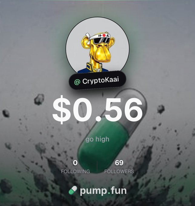 A profile card for "CryptoKaai" showing a cartoon monkey avatar, a balance of $0.56, "go high" text, 0 following, 69 followers, and pump.fun branding.