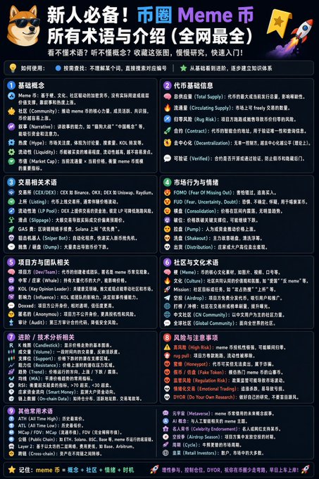 Chinese infographic titled '新人必备! 币圈Meme币所有术语与介绍' (Beginner Essential! All Crypto Meme Coin Terms and Introduction) with 9 sections covering basic concepts, trading terms, market sentiment, project teams, community, technology, risks, and other terminology.