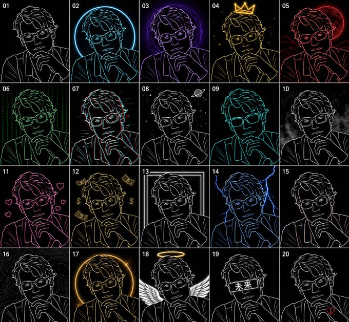 A grid of 20 stylized NFT-style profile picture (PFP) variations, each featuring the same bespectacled man in a line-art pose with unique neon color schemes and decorative motifs (crown, halo, devil horns, rain, hearts, money, lightning, wings, glitch effect, "未来" text, broken heart, etc.), presented as design options for an NFT collection. The image visually answers the post by showcasing 20 possible versions the creator would choose from for their PFP NFT mint.