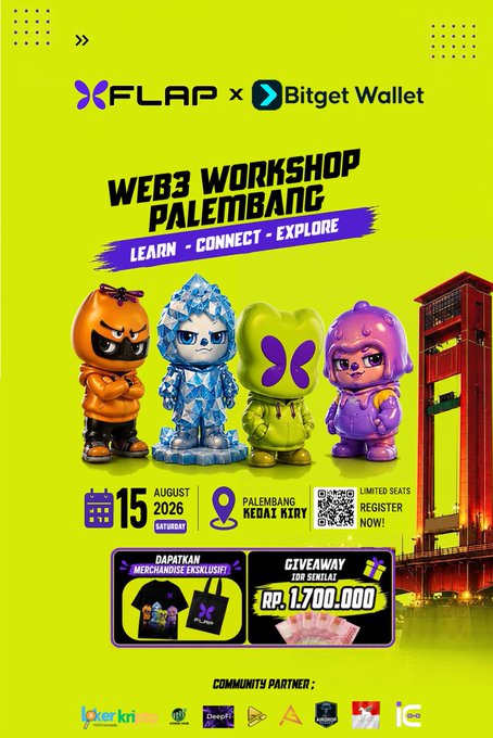 The image is a vibrant green promotional poster for the "Web3 Workshop Palembang" featuring the FLAP x Bitget Wallet collaboration, scheduled for August 15, 2026, at Palembang Kedai Kriy. It showcases four colorful Flap NFT mascots and advertises merchandise giveaways plus a Rp 1,700,000 giveaway for attendees. The bright design with QR code for registration aligns with the post's announcement of a Flap Indonesia community workshop with Bitget Wallet.
