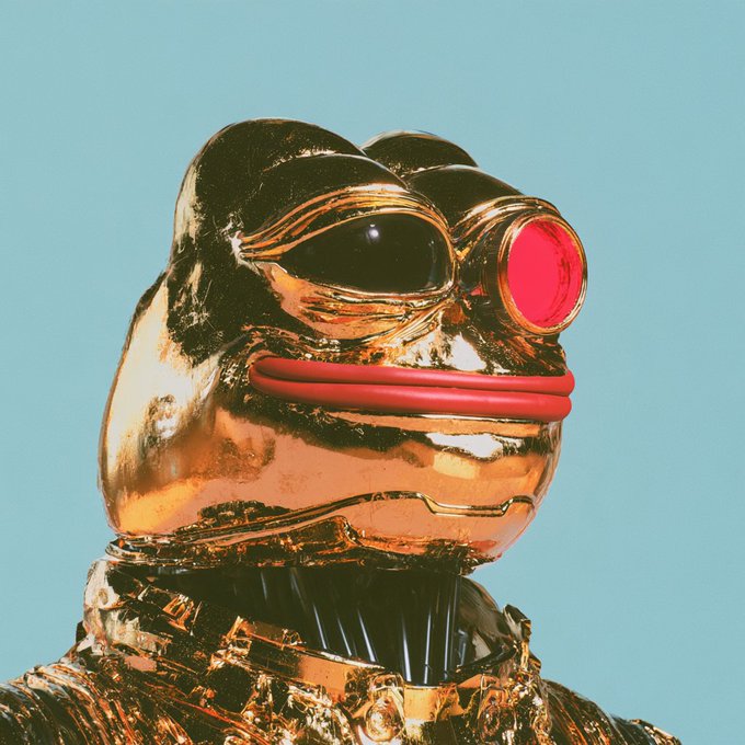 A shiny golden robot figure with red lips and a single red glowing eye against a light blue background.