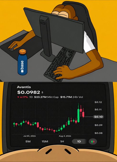 A cartoon character sits at a desk watching candlestick charts on Base App's phone, with $AVANTIS displayed at $0.0982 (down 6.17%) and a $33.27M market cap, alongside a tall "base" branded cup—capturing the quiet ritual of monitoring crypto charts over the weekend.
