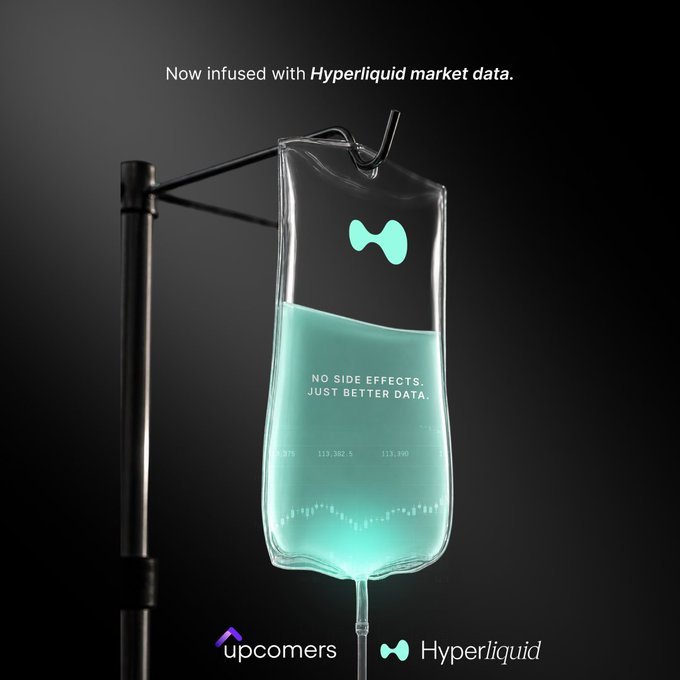 Dark-themed Upcomers × Hyperliquid advertisement showing a glowing IV-style data bag and the text “Now infused with Hyperliquid market data” and “NO SIDE EFFECTS. JUST BETTER DATA.”