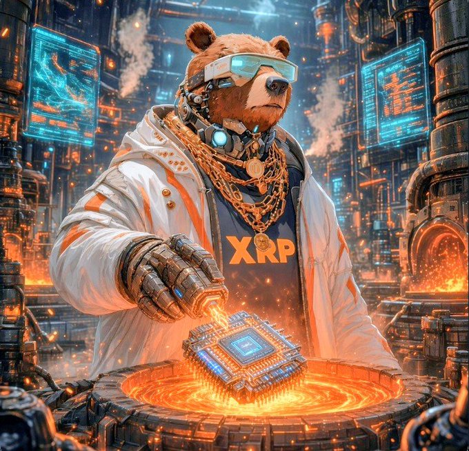 A digital artwork shows a cyberpunk bear wearing futuristic goggles and a white jacket, standing over a glowing computer chip, with an orange 'XRP' shirt visible beneath the jacket.
