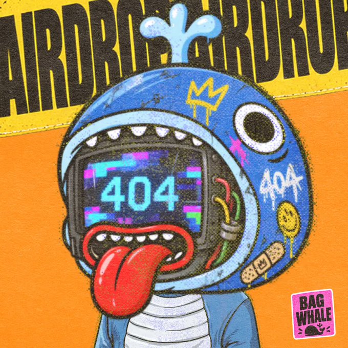 A colorful cartoon illustration of a blue creature with a screen displaying a 404 error message, featuring a 'BAG WHALE' logo patch and 'ARDRAGUGRUGU' text in the background.