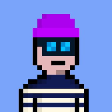 A pixel art character with a purple beanie, blue digital-style glasses, and a striped shirt against a solid blue background.