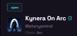 A digital card displays "Kynera On Arc" with a green "open" badge and shield icon, featuring the "Watnsysmind" handle and "Chain: Arc" label alongside an illustration of a hooded figure with a stylized "K," promoting the first original PFP collection on the Arc chain secured for Watnsysmind holders.