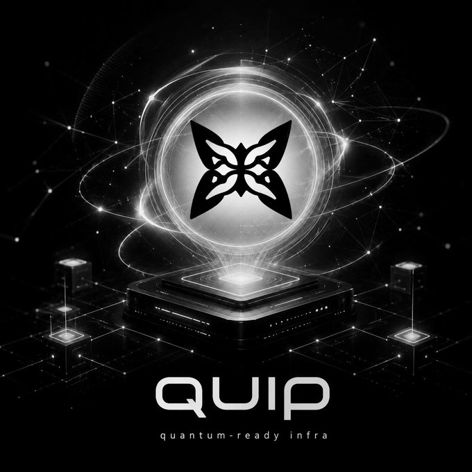 A dark, futuristic logo for QUIP with the tagline 'quantum-ready infra' featuring a butterfly emblem inside a glowing sphere.