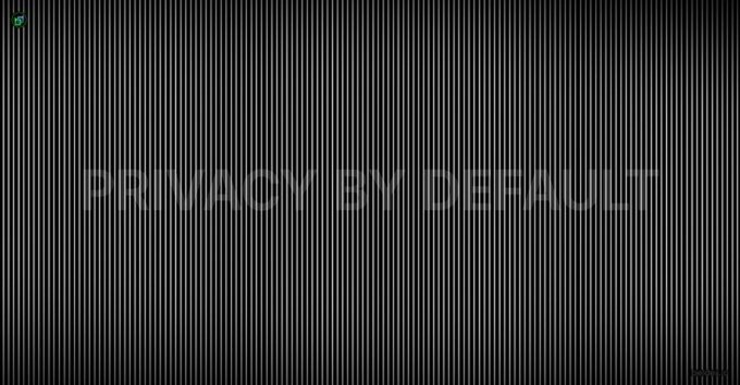 A dark image with vertical lines and faint text reading 'PRIVACY BY DEFAULT'.