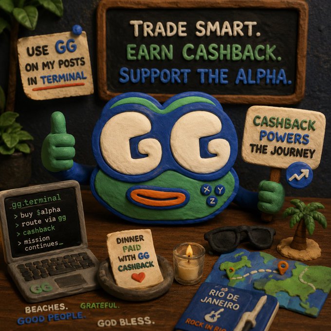 A 3D claymation-style promotional image featuring a central 'GG' logo character with the text 'TRADE SMART. EARN CASHBACK. SUPPORT THE ALPHA.' on a blackboard, alongside notes saying 'USE GG ON MY POSTS IN TERMINAL', 'CASHBACK POWERS THE JOURNEY', and 'DINNER PAID WITH GG CASHBACK'.